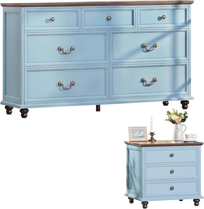 Farmhouse Dresser and Nightstand Sets, Wooden 7 Drawers Dresser & 24" Night Stand with 3 Drawers, 2 Piece Bedroom Furniture Set, Chest of Drawers for Bedroom, Home, Living Room, Hallway