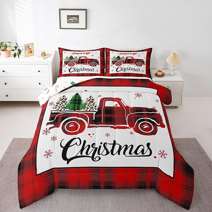 Manfei Xmas Truck Comforter Set Full Size, Christmas Tree Snowflake Print Bedding Set 3pcs for Kids Boys Girls Bedroom Decor, New Year Theme Red Plaid Print Quilt Set with 2 Pillowcases