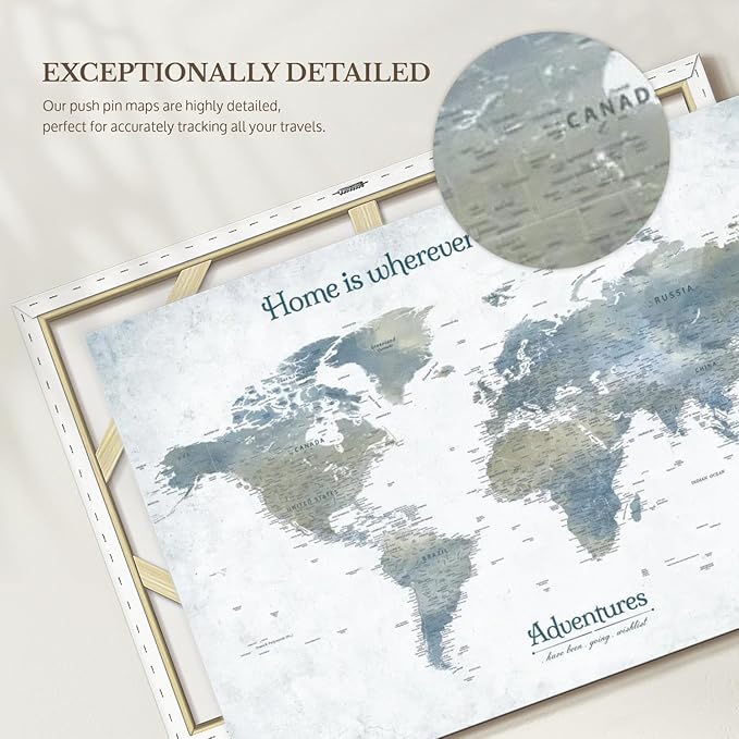 ElephantStock - Home With You II Push Pin World Map Wall Art - Horizontal Canvas Wall Art - Living Room Wall Decor - Digital Art Map Canvas Art - Blue And Gray Decor - 45" x 30"