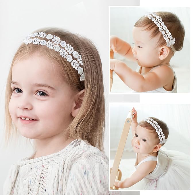 2 Pack 18-20in Elegant White Flower Christening Headbands for Baby Girl, Elastic Soft Lace with Cute Tulle Pearl Hair Strap (Double row of small lace)