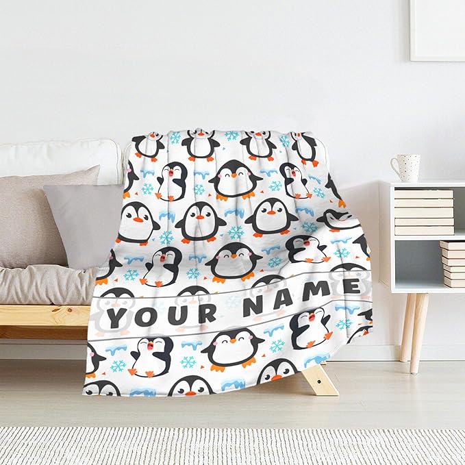 Personalized Penguin Gifts for Girls Kids - 40" x 50" Inches Cute Penguin Blankets for Teens - White Soft Lightweight Throws for Sofa, Crib & Bed