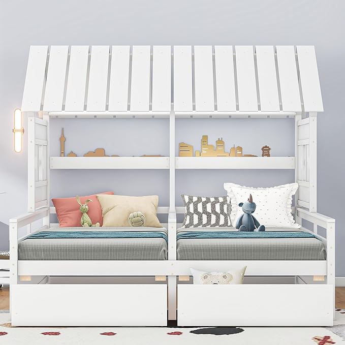 P PURLOVE Double Shared Bed,Two Twin Size House Platform Beds with Drawers for Boy and Girl, House Bed Frame Combination of 2 Side by Side Twin Size,White