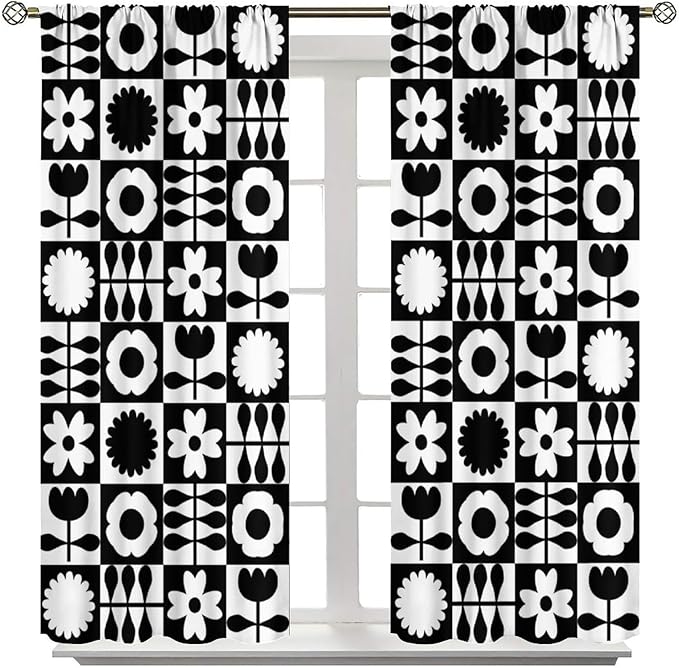 Mid Century Geometric Floral Curtains,Vintage 70s Window Treatments for Boys Girls Kids Bedroom Curtains,Boho Black and White Floral Curtains 42"" W X 45"" L, Style-10