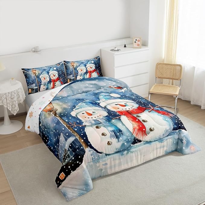 Feelyou Christmas Kids Comforter Set Queen Size Blue Watercolor Snowman Bedding Set Xmas Winter Duvet Quilt for Kids Boys Girls Bedroom Snowflake Decor Microfiber Ultra Soft Breathable