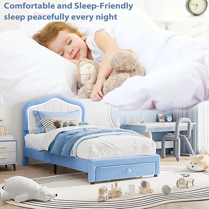 GarveeHome Twin Upholstered Bed Frame with Storage Drawer and Smart Led Headboard, Twin Size Platform Bed Frames for Kids, Wooden Slats Support, No Box Spring Needed, Easy Assembly, Blue