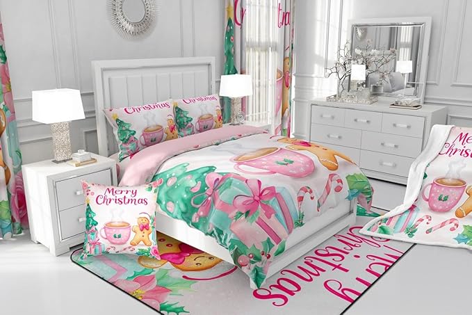 Feelyou Merry Christmas Bedding Set Soft for Boys Girls, Christmas Decor Comforter Set Queen Size Gingerbread Man Duvet Quilt Microfiber Xmas Bedroom Decor 3 Pcs with 2 Pillow Cases