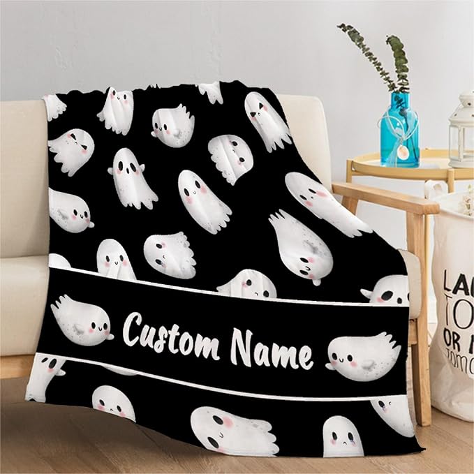 Custom Halloween Ghost Blanket | Personalized for Boys Girls | Plush Cozy Name Blanket | Halloween Decor Gifts | 90"x120"-Family's/King Size