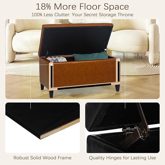 Asense Storage Ottoman Bench, Faux Leather Upholstered End of Bed Bench with Safety Hinge Wooden Legs, for Entryway Bedroom (Reddish Brown, 33.3")