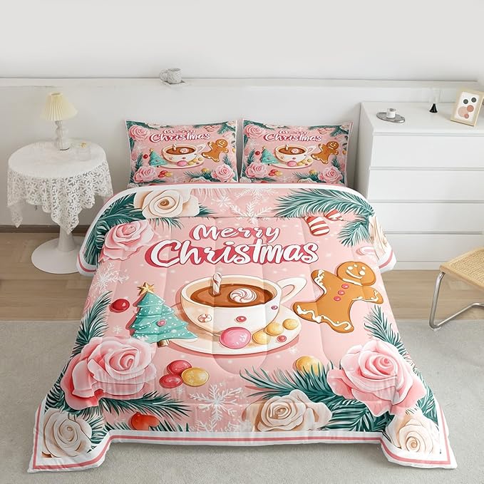Feelyou Christmas Tree Comforter Set All Season Gingerbread Man Bedding Set with 2 Pillow Cases Merry Christmas Microfiber Kids Queen Bedclothes Xmas Bedroom Decor Duvet Quilt Soft Lightweight