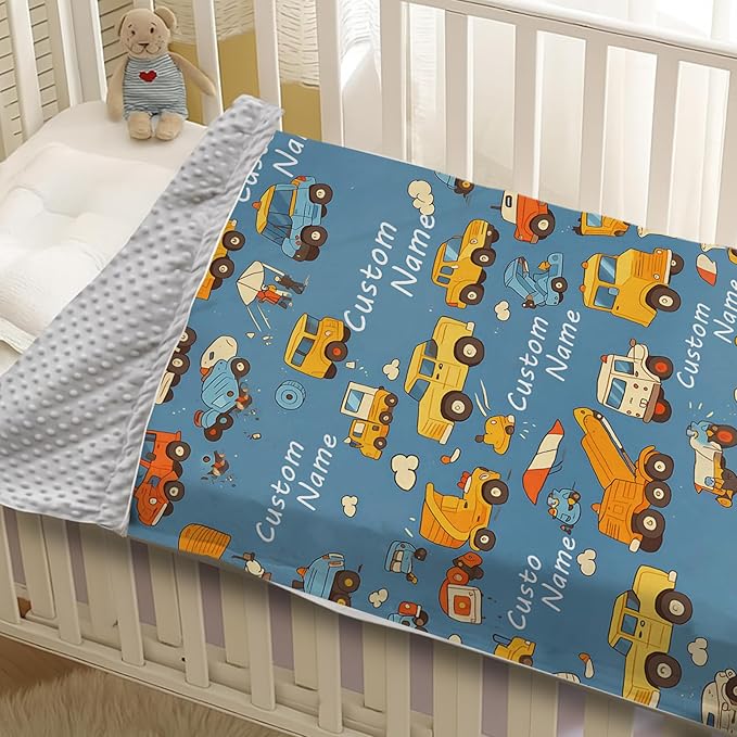 Custom Baby Blanket - Cartoon Cars Design Personalized Name Blanket, Soft Flannel Dot Infant Toddler Blanket for Boys, Customizable Nursery Bedding (60" x80)
