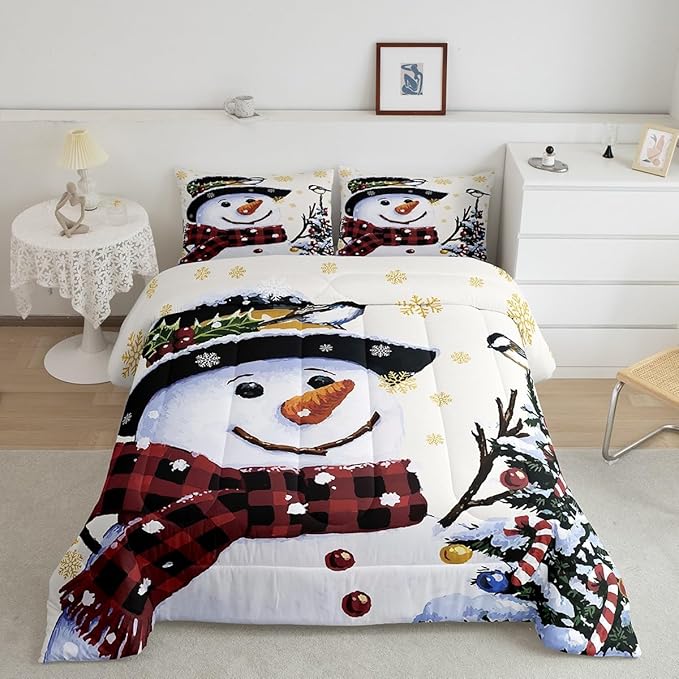 Feelyou Kids Christmas Theme Decorations Bedding Set Xmas Snowman Comforter Set for Boys Girls Snowflake Kawaii Cute Beige Golden Bedroom Collection Queen Size