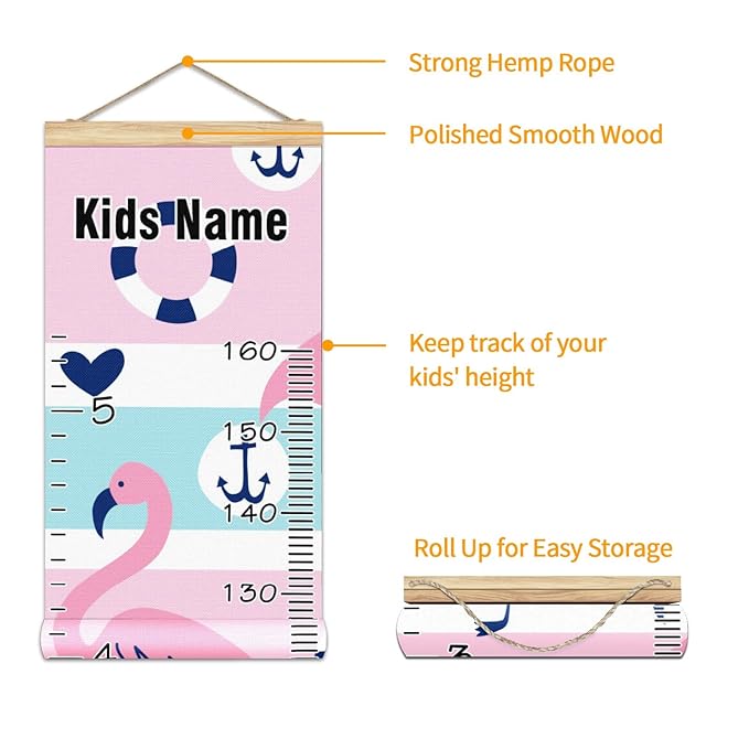 Personalized Kids Name Growth Chart Ruler for Wall Wood Frame Height Measure Chart 13.4x56 in Linen Hanging Height Growth Chart Pink Flamingos Anchor Nautical Kids Room Decor
