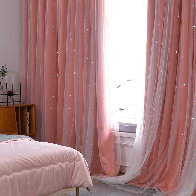 Kinryb Princess Curtains for Girls Bedroom with Sheer Overlay,Double Layer Curtain for Living Room with Star Cutout, Curtains for Kids Room (70 W*95 L Inches,2 Pcs Coral)