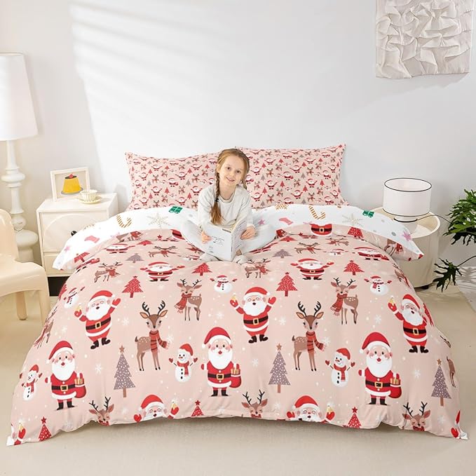 Christmas Kids Bedding Set Santa Claus Bedding Duvet Cover Set for Boys Girls Christmas Tree Deer Decor Comforter Cover Set Snowflake Xmas Theme Bedspread Cover Bedroom Quilt Cover 2Pcs Toddler Size