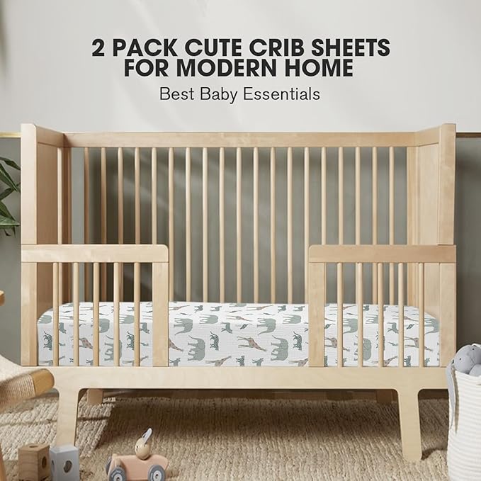Little Grape Land Muslin Crib Sheets Fitted for Boys and Girls 2 Pack, 100% Cotton Baby Bed Sheets Soft Breathable, Neutral Fitted Baby Mattress Sheets for Standard Crib 52x28, Safari
