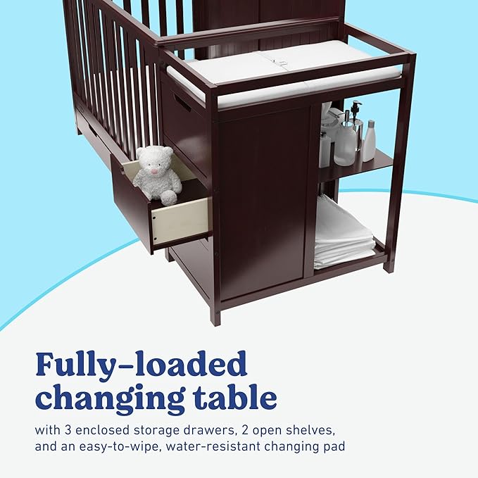 Graco Hadley 5-in-1 Convertible Crib & Changer (Espresso) – GREENGUARD Gold Certified, Fits Standard Crib Mattress, Converts to Toddler Bed and Full Bed, 4 Adjustable Mattress Heights