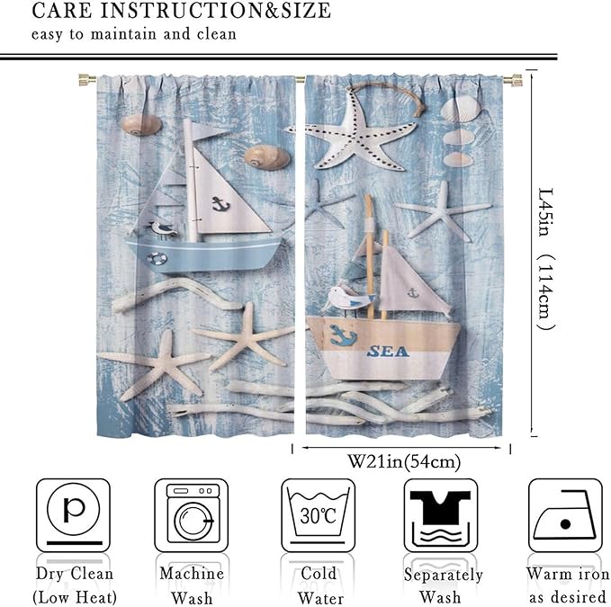 Nautical Curtain,Navy Anchor Sailing Map Starfish Seashells Bedroom Curtain,Waterproof Washable Fabric for Bedroom Decor Set 2 Panels,42x45 Inches