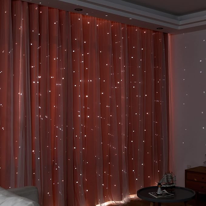 Kinryb Princess Curtains for Girls Bedroom with Sheer Overlay,Double Layer Curtain for Living Room with Star Cutout, Curtains for Kids Room (70 W*63 L Inches,2 Pcs Coral)