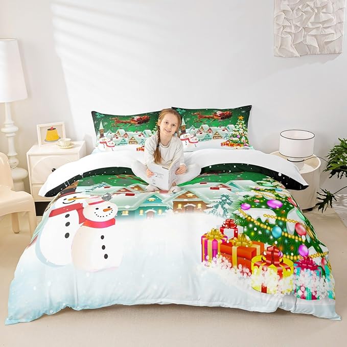 Manfei Christmas Duvet Cover Set Full Size, Snowman Xmas Tree Comforter Cover with 2 Pillowcases, Santa Claus with Deer Bedding Set for Kids Boys Girls New Year Theme Bedspread Cover, No Comforter