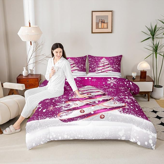 Feelyou Merry Christmas Bedding Set Soft for Boys Girls, Christmas Tree Comforter Set Queen Size Snowflake Duvet Quilt Microfiber Winter Bedroom Decor 3 Pcs with 2 Pillow Cases