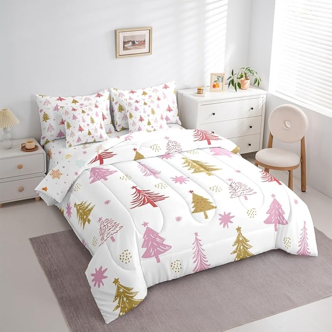 Erosebridal Merry Christmas Bedding Set King Cartoon Pink Christmas Comforter Set 7 Piece Kids Cute Xmas Tree Bed in A Bag for Adults Winter New Year Gift Quilt with Flat Fitted Sheet