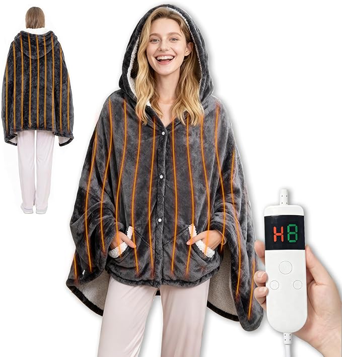 Heated Blanket Wearable Electric Throw, Heated Robe Poncho Blanket Hoodie for Adult, Electric Heated Wrap Poncho Shawl with Pockets, 10 Heating Levels & 8 Hours Time Settings, 40'' X 70''