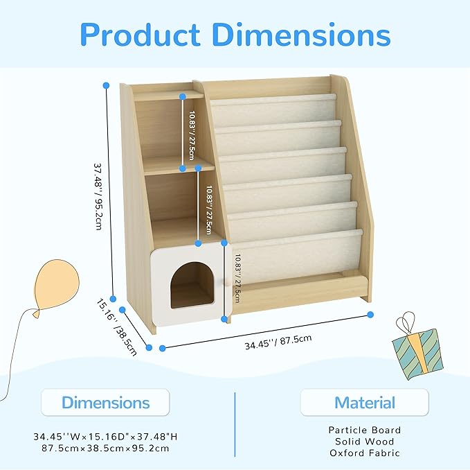 FKWin Kids Bookshelf, Kids Toy Storage Organizer, Baby Storage Book Rack, 4 Tier Kids Wooden Bookshelves, 5 Layer Sling Bookcase for Playroom, Bedroom, Living Room, Kids Room, Nursery, School(Natural)