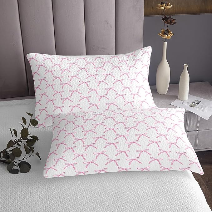 Cartoon Bowknot Kids Bedspread King Size,Pink Bow Tie Butterfly Knot Princess Coverlet Set,Girls Women Room Decor,Watercolor Bow Patchwork Quilted Coverlet,Pink White Bedding Quilt,2 Pillowcases