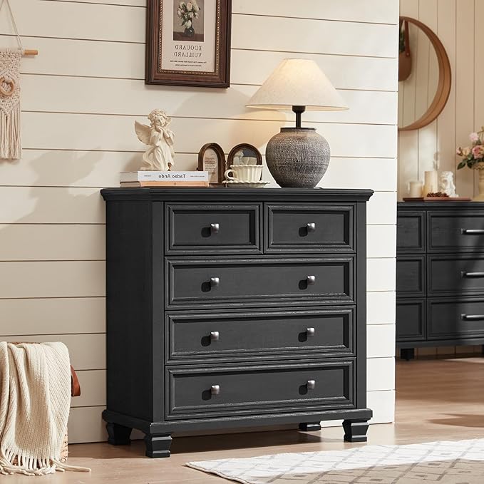 Farmhouse Bedroom Dresser and Nightstand Set of 4, 6 Drawer Tall & 5 Drawers Dresser & 2 Drawer Nightstand Set, Rustic Wood Furniture Set for Bedroom, Hallway, Black