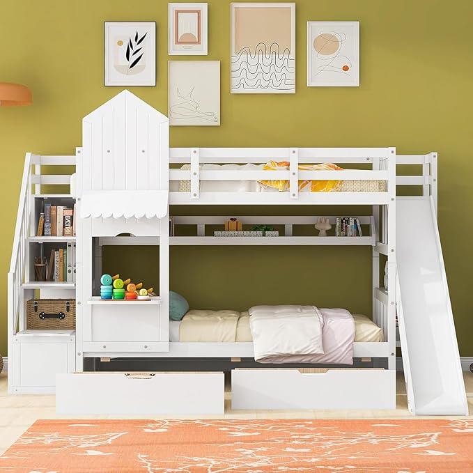 MERITLINE Twin Over Twin Castle Bunk Bed with Slide,Stairs and Drawers,Solid Wood Floor House Princess Bunk Bed with Storage Shelves (White)