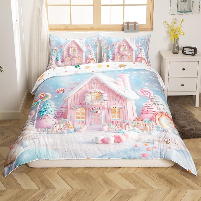 Manfei Christmas Kids Duvet Cover Set Queen Size, Cute Xmas Cabin Trees Bedding Set for Boys Girls Room Decor, New Year Theme Comforter Cover, Lightweight Bedspread Cover, 2 Pillowcases, No Comforter