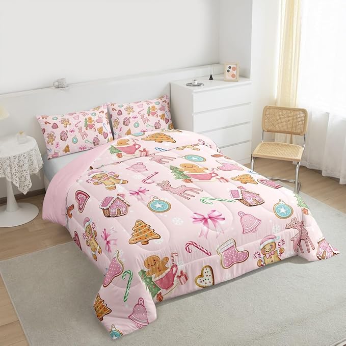 Merry Christmas Kid Comforter Set Full Size,Gingerbread Man Elk Deer Bowknot Bedding Set,Room Decor,Cute Girly Bow Tie Xmas Tree Quilt Comforter,Pink Colorful Duvet Set Bedroom Quilt Set,2 Pillowcases
