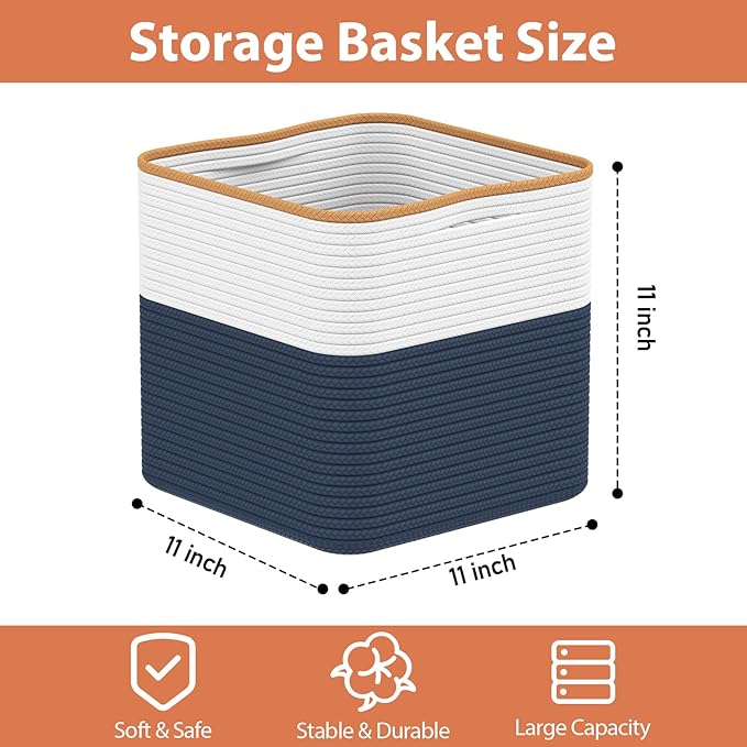Storage Cotton Cubes 11 Inch, Woven Cotton Rope Storage Baskets for Toys Blanket Organizing, Storage Bins Decorative Organizer with Handles for Living Room Laundry Room Closet (3 Pack, Blue)