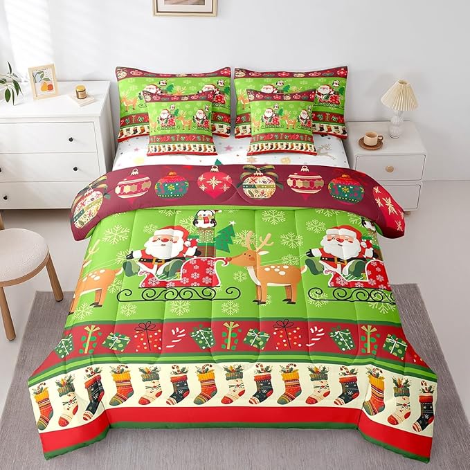 Feelyou Christmas Santa Claus Deer Bedding Set Cartoon Stockings Bedding Set for Kids Boys Girls Teens Decor Christmas Snowflake Bed in a Bag Kawaii Bed Set 7Pcs Queen Size
