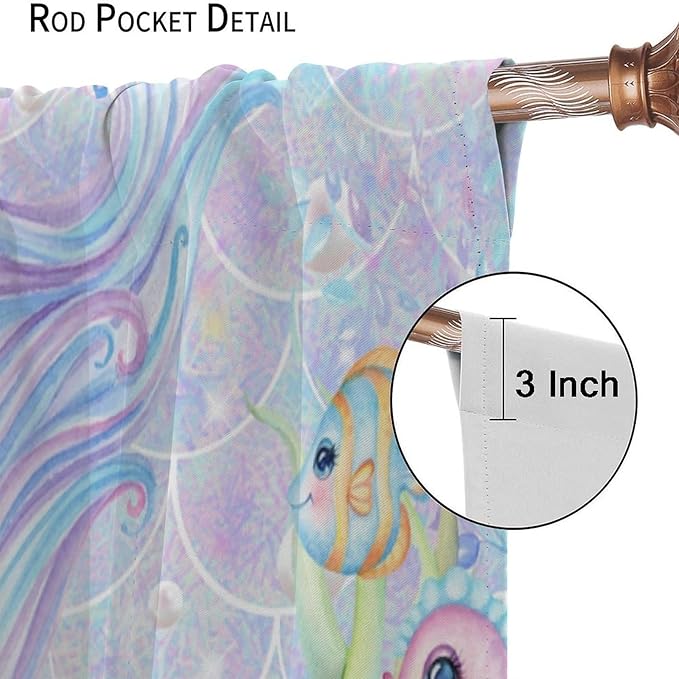 Mermaid Curtains for Girls Children Pink Sea Animal Mermaid Coral Bedroom Curtains for Living Room Room 84x84 Inch