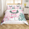 Manfei Christmas Kids Duvet Cover Set King Size, Cute Snowman Xmas Tree Bedding Set for Boys Girls Adults, Pink Bowknot Xmas Comforter Cover, Soft Polyester Quilt Cover, 2 Pillowcases, No Comforter