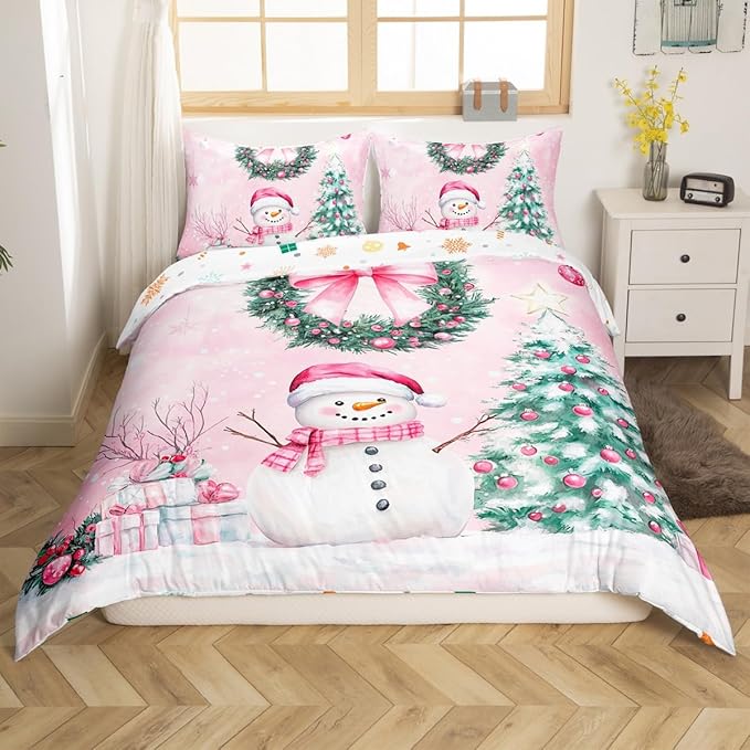 Manfei Christmas Kids Duvet Cover Set Twin Size, Cute Snowman Xmas Tree Bedding Set for Boys Girls Adults, Pink Bowknot Xmas Comforter Cover, Soft Polyester Quilt Cover, 1 Pillowcase, No Comforter
