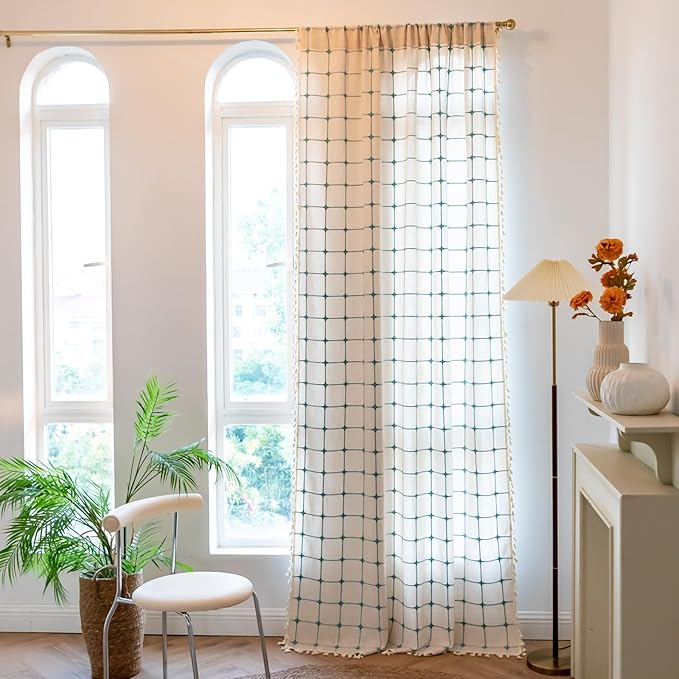 Deeprove Boho Curtains 84 Inches Long for Bedroom, Cotton Linen Plaids Turquoise Embroidery Semi Blackout Bohemian Farmhouse Window Treatment Grids Drape Tassels, 1 Panel W52 x L84 Beige