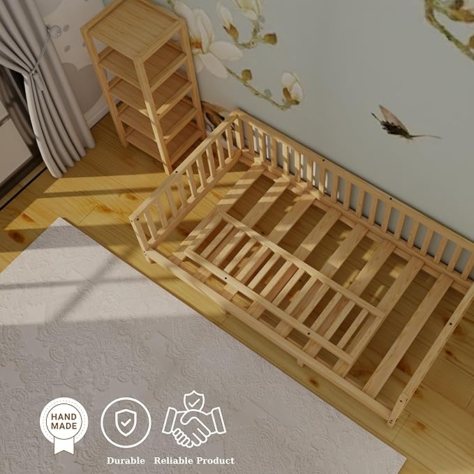 Montessori Floor Bed Designed with Open Front for Girls and Boys | Pine Wood Natural Solid Frame Beds Footed Model with Slats | Sturdy Designed Floor Bed Frame for Kids (Full, Height : 23 Inches)