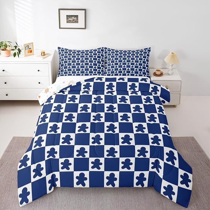 Feelyou Christmas Kids Comforter Set King Size Checkered Bedding Set Gingerbread Man Duvet Quilt for Kids Boys Girls Bedroom Xmas Decorations Decor Blue Microfiber Ultra Soft Breathable