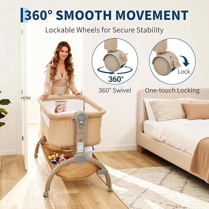 Bedside Bassinet Baby Bassinet for Baby, 3 in 1 Bedside Sleeper with Baby Co-Sleeper Travel Crib with Detachable Mosquito Net & Storage Basket | Adjustable Height, Wheels Included (Khaki)