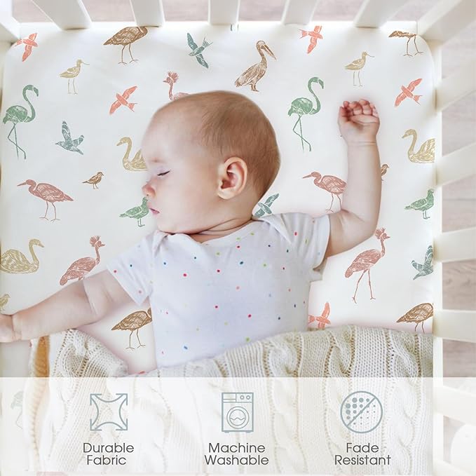 Bimocosy Crib Sheets for Boys Girls, Fitted Crib Sheet 4 Pack for Standard Crib and Toddler Mattresses, Super Soft Breathable Microfiber Baby Sheet 28x52x8in, Wetland Birds/Squirrel/Mauve/Fog Blue