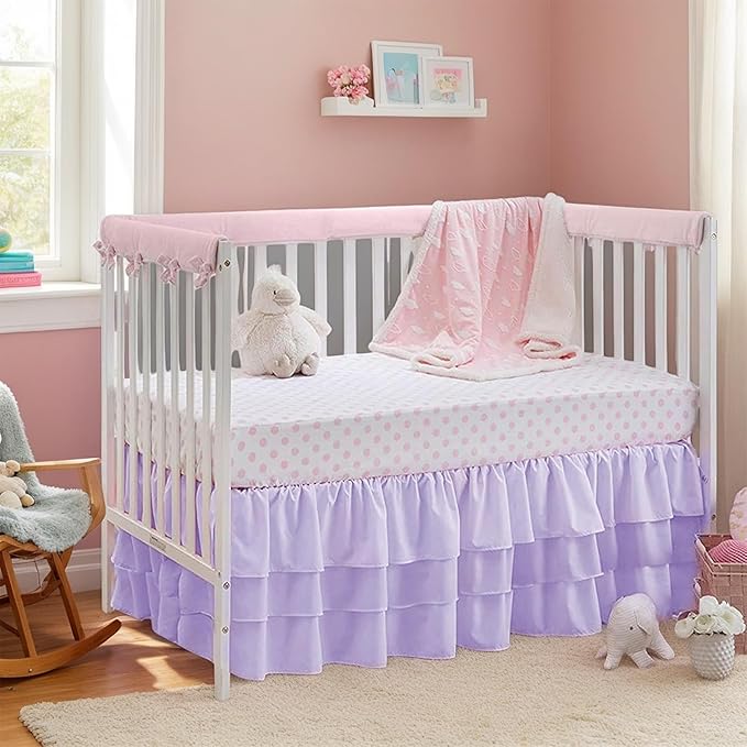 Ruffled Crib Bed Skirt: 3 Tiered Ruffled Crib Skirt Baby Girl Nursery Toddler Bedding Dust Ruffle, 17.7" Deep Drop- Fits Standard Cribs,28"x 52" (Purple)
