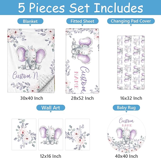 Custom Baby Crib Bedding Set, 5 Pcs Personalized Purple Elephant Crib Bedding Set with Name, Baby Boys Girls Nursery Crib Set, Soft Flannel Baby Blanket, Customized Gift for Infant New Parents