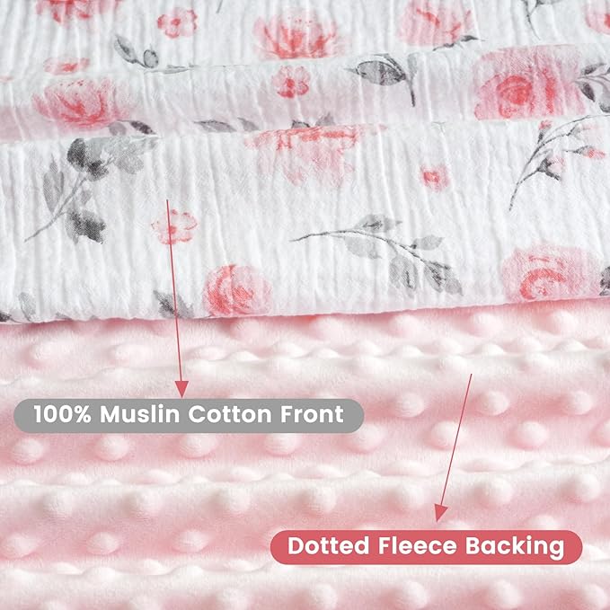 david's kids Muslin Minky Baby Blanket for Girls with Muslin Cotton Front and Dotted Fleece Backing, Breathable and Soft Lightweight Receiving Blanket for Newborns, 40x50 Inches, Floral
