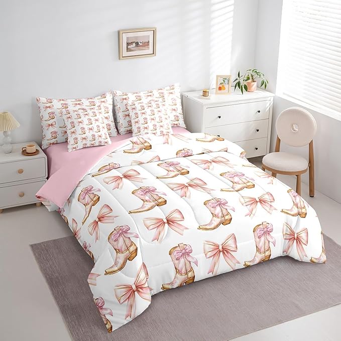 7 Pieces Western Cowgirl Comforter Set Queen,Pink Bowknot Cowgirl Boots Rustic Farmhouse Bedding Set,Bow Tie Geometric Patchwork Golden（Comforter+Fitted+Flat Sheet+2 Pillowcases+2 Throw Pillow Covers）