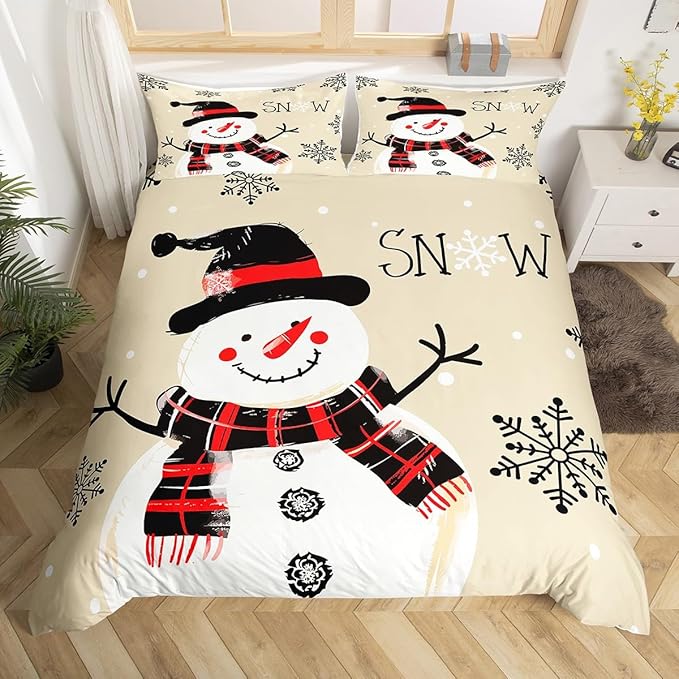 Manfei Kids Snowman Duvet Cover Set Twin Size, Black Snowflake Xmas Comforter Cover with 1 Pillowcase, Christmas Theme Bedding Set 2pcs for Boys Girls Adults New Year Bedspread Cover,No Comforter