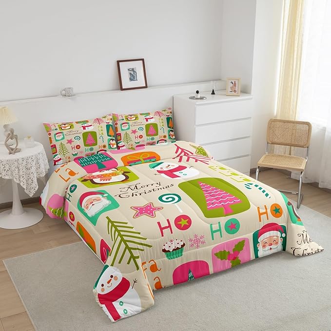 Erosebridal Xmas Decor Quilts Kids Santa Claus Christmas Tree Comforter Set Boys Girls Bedroom, Cartoon Snowflake Bedding Set Cute Snowman Down Comforter Toddler Size