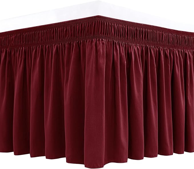 Biscaynebay Wrap Around Bed Skirts for Queen Beds 15" Drop, Burgundy Adjustable Elastic Dust Ruffles Easy Fit Wrinkle & Fade Resistant Silky Luxurious Fabric Machine Washable