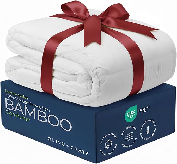 Olive + Crate 100% Viscose derived from Bamboo Winter Comforter - Extra Thicker and Heavier Queen Size - Cooling Blanket, Hypoallergenic & Moisture Wicking Bedding - White Comforter (88" x 90")